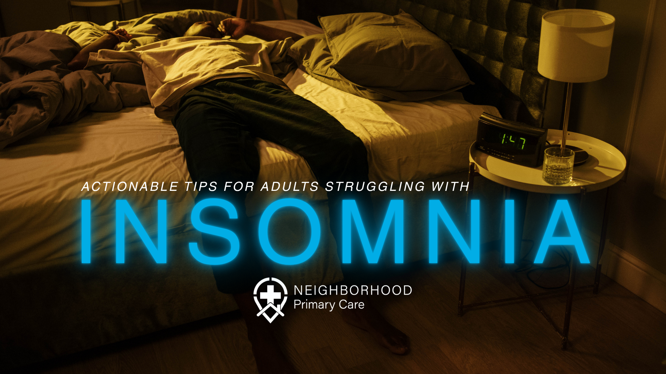 Sleep Hygiene: Actionable Tips for Adults Struggling with Insomnia or Restless Nights  It’s 2:17 a.m. You’ve flipped your pillow three times, checked the clock more times than you can count, and started doing math on how many hours you’ll get if you fall asleep right now. By morning, you’re groggy, short on patience, and reaching for a second cup of coffee before 9 a.m.  If this sounds familiar, you’re far from alone. Millions of adults deal with insomnia or restless nights. The good news is that small, steady changes to your daily habits, often called sleep hygiene, can make a real difference in how quickly you fall asleep and how rested you feel when you wake up.  Here are practical, research-backed tips you can start using tonight.  What Is Sleep Hygiene?  Sleep hygiene is the set of habits and surroundings that support healthy, consistent sleep. It covers your daily routine, your bedroom, what you eat and drink, and how you handle stress. Most adults need at least seven hours of sleep each night, and good sleep hygiene helps make those hours count.  1. Stick to a Consistent Sleep Schedule  Your body runs on an internal clock called your circadian rhythm. When you go to bed and wake up at different times every day, that clock gets thrown off.  Wake up at the same time every day, even on weekends. This is the single most powerful anchor for your sleep cycle.  Go to bed when you feel sleepy, not just because the clock says so.  Keep naps short. If you need one, aim for 20 to 30 minutes before mid-afternoon.  Consistency may feel hard at first, but within a week or two, many people notice they fall asleep more easily.  2. Limit Screen Time Before Bed  Phones, tablets, and TVs give off blue light that can signal your brain to stay alert. Scrolling also keeps your mind busy at the exact moment you want it to slow down.  Try setting a “screens off” time 30 to 60 minutes before bed. If that feels tough, start with 15 minutes and build from there. Use night mode on your devices, and consider charging your phone outside the bedroom so it’s not the last thing you see.  3. Create a Sleep-Friendly Bedroom  Your bedroom should feel like a calm retreat, not a second office.  Keep it cool. Most people sleep best when the room is between 60 and 67°F.  Keep it dark. Blackout curtains or a sleep mask can block outside light.  Keep it quiet. A fan, white noise machine, or earplugs can mask sudden sounds.  Save your bed for sleep and intimacy. Working, eating, or watching TV in bed teaches your brain to link it with being awake.  A comfortable mattress and supportive pillows matter too, so if yours are worn out, they may be part of the problem.  4. Watch Your Caffeine and Alcohol Habits  What you drink during the day can follow you into the night.  Caffeine can stay in your system for hours. Try to cut off coffee, tea, soda, and energy drinks by early afternoon, at least six to eight hours before bed.  Alcohol might make you feel drowsy at first, but it disrupts sleep later in the night. It often leads to lighter, more broken sleep and early waking. Limiting alcohol, especially in the evening, can help you sleep more deeply.  Heavy meals close to bedtime can also cause discomfort or heartburn. A light snack is fine if you’re hungry, but aim to finish larger meals two to three hours before sleep.  5. Build a Relaxing Wind-Down Routine  Your body needs a signal that the day is ending. A simple, repeatable routine can help you shift from busy to calm.  Ideas to try:  Take a warm shower or bath  Read a paper book under soft light  Do gentle stretches  Listen to calming music or a sleep story  Dim the lights around your home  Pick two or three that feel good and do them in the same order each night. Over time, your brain will start to recognize the routine as a cue for sleep.  6. Manage Stress and a Racing Mind  For many adults, the hardest part isn’t getting into bed. It’s turning off the mental to-do list once you’re there.  Write it down. Spend five minutes before bed jotting down worries or tomorrow’s tasks so they’re out of your head.  Try deep breathing. Slowly breathe in for four counts, hold for four, and breathe out for six.  Practice progressive muscle relaxation. Tense and release each muscle group, starting at your toes and moving up.  Get out of bed if you can’t sleep. If you’ve been awake for about 20 minutes, move to another room and do something quiet until you feel sleepy. This keeps your bed linked with rest, not frustration.  Regular physical activity and time in natural daylight during the day can also lower stress and improve sleep quality. Just try to finish intense workouts a few hours before bed.  When to Talk to Your Primary Care Provider  Sleep hygiene works well for many people, but it isn’t a cure-all. If you’ve tried these tips and still struggle to fall or stay asleep at least three nights a week, or if poor sleep is affecting your mood, focus, or health, it’s time to get support.  Ongoing sleep problems can be linked to conditions like sleep apnea, anxiety, depression, thyroid issues, chronic pain, or medication side effects. Your primary care provider can help find the cause and talk through options, including cognitive behavioral therapy for insomnia (CBT-I), a proven, drug-free approach.  You deserve to wake up feeling rested. If restless nights are wearing you down, schedule a visit with your primary care provider. Our team is here to listen, help you understand what’s going on, and build a plan that brings better sleep within reach.